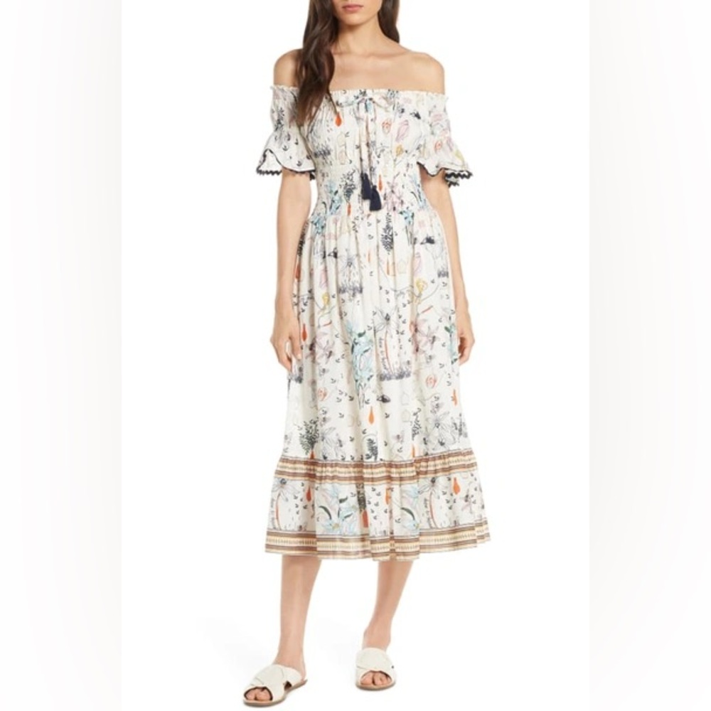 Tory Burch Meadow Folly Off The Shoulder Cotton Ivory Floral Midi Dress Sz XL